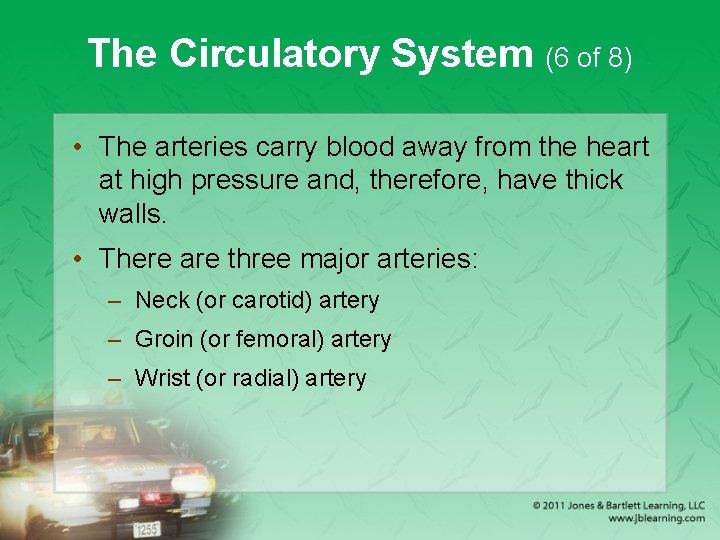 The Circulatory System (6 of 8) • The arteries carry blood away from the