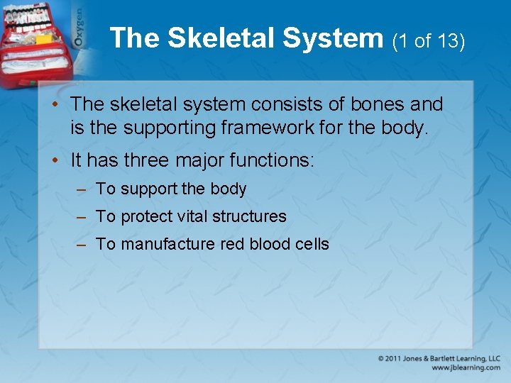 The Skeletal System (1 of 13) • The skeletal system consists of bones and