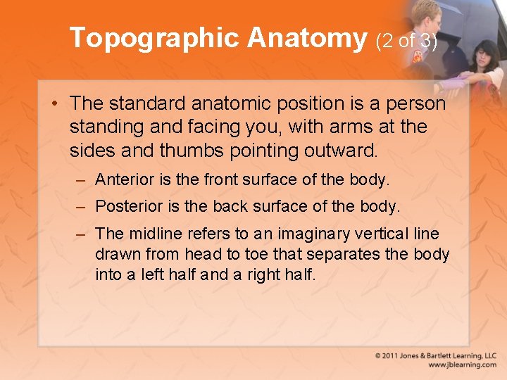 Topographic Anatomy (2 of 3) • The standard anatomic position is a person standing