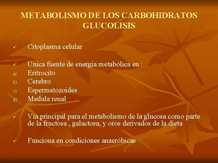 METABOLISMO DE LOS CARBOHIDRATOS GLUCOLISIS ü ü a) b) c) d) ü ü Citoplasma