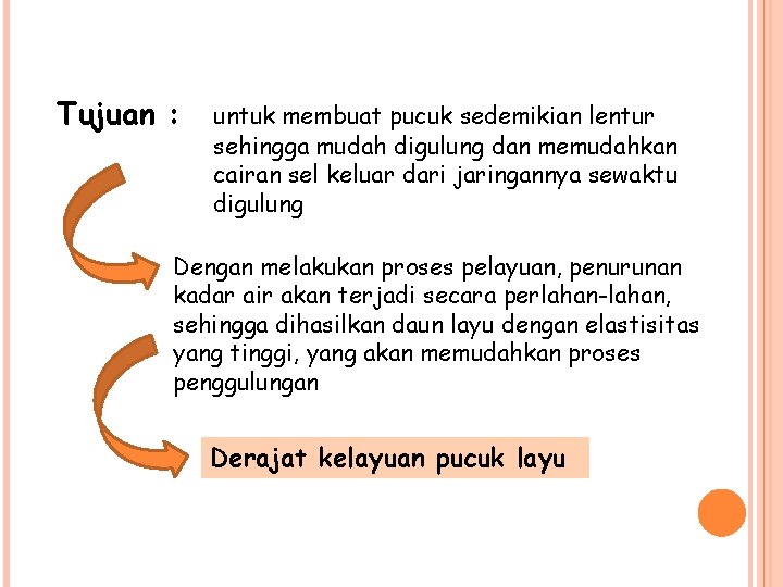 Tujuan : untuk membuat pucuk sedemikian lentur sehingga mudah digulung dan memudahkan cairan sel