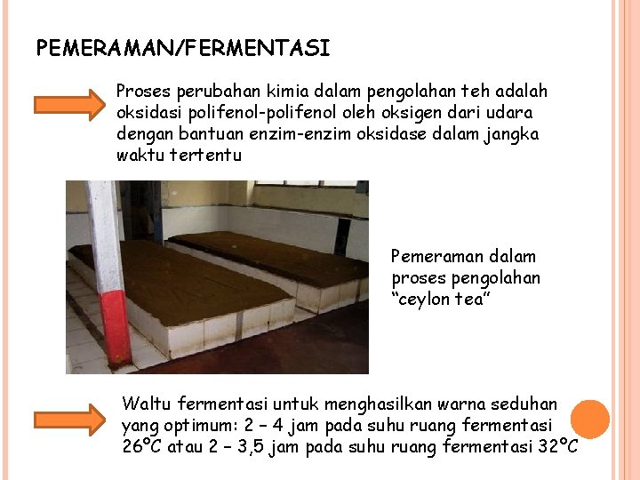 PEMERAMAN/FERMENTASI Proses perubahan kimia dalam pengolahan teh adalah oksidasi polifenol-polifenol oleh oksigen dari udara