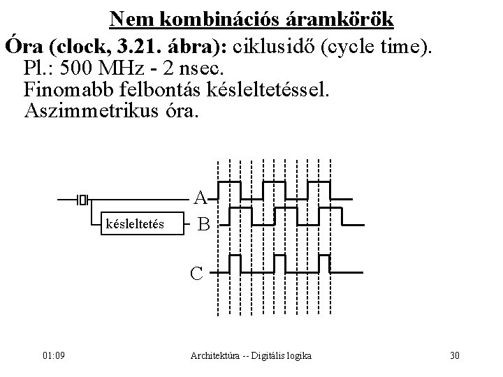 Nem kombinációs áramkörök Óra (clock, 3. 21. ábra): ciklusidő (cycle time). Pl. : 500