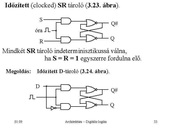 Időzített (clocked) SR tároló (3. 23. ábra). S Q# óra Q R Mindkét SR