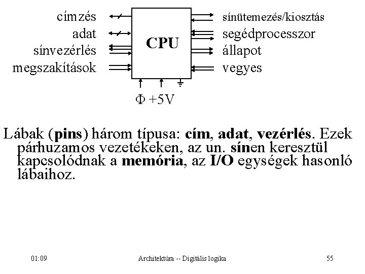 címzés adat sínvezérlés megszakítások sínütemezés/kiosztás CPU segédprocesszor állapot vegyes Φ +5 V Lábak (pins)