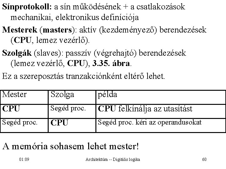 Sínprotokoll: a sín működésének + a csatlakozások mechanikai, elektronikus definíciója Mesterek (masters): aktív (kezdeményező)