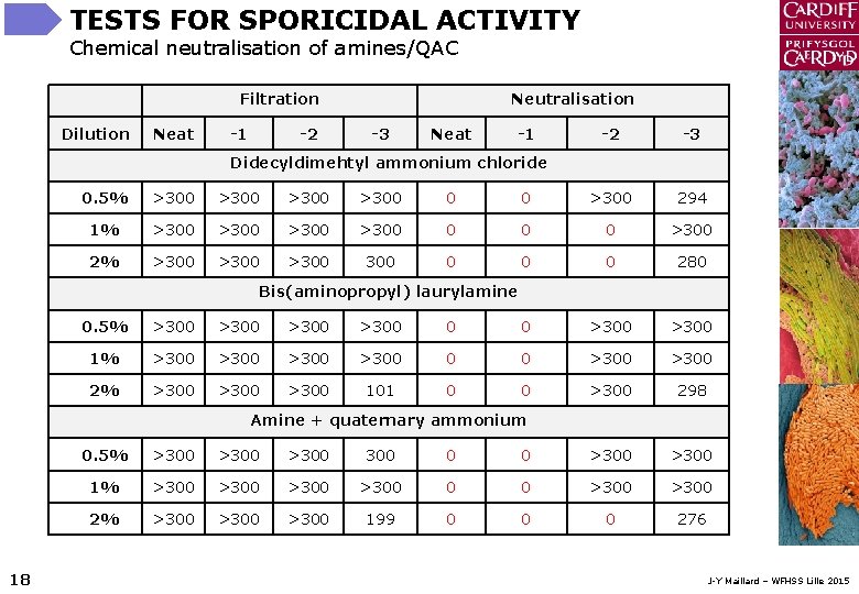 TESTS FOR SPORICIDAL ACTIVITY Chemical neutralisation of amines/QAC Filtration Dilution Neat -1 -2 Neutralisation