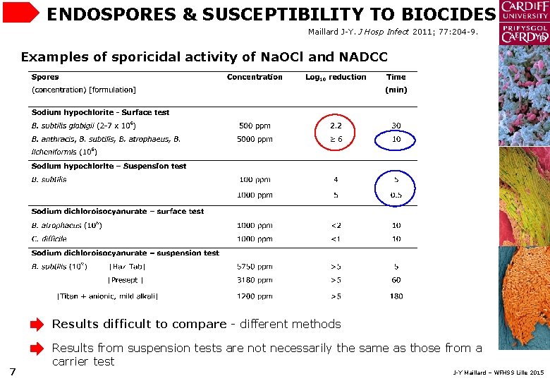 ENDOSPORES & SUSCEPTIBILITY TO BIOCIDES Maillard J-Y. J Hosp Infect 2011; 77: 204 -9.