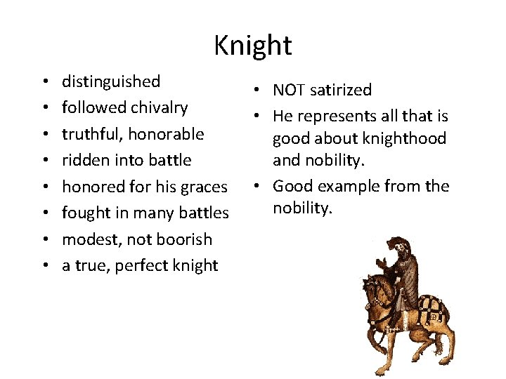 Knight • • distinguished followed chivalry truthful, honorable ridden into battle honored for his
