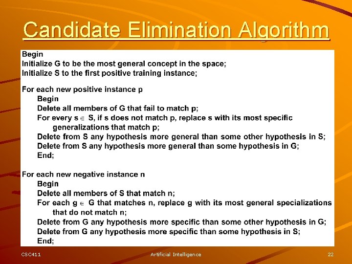 Candidate Elimination Algorithm CSC 411 Artificial Intelligence 22 