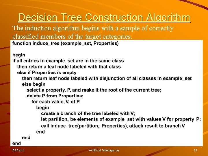 Decision Tree Construction Algorithm The induction algorithm begins with a sample of correctly classified