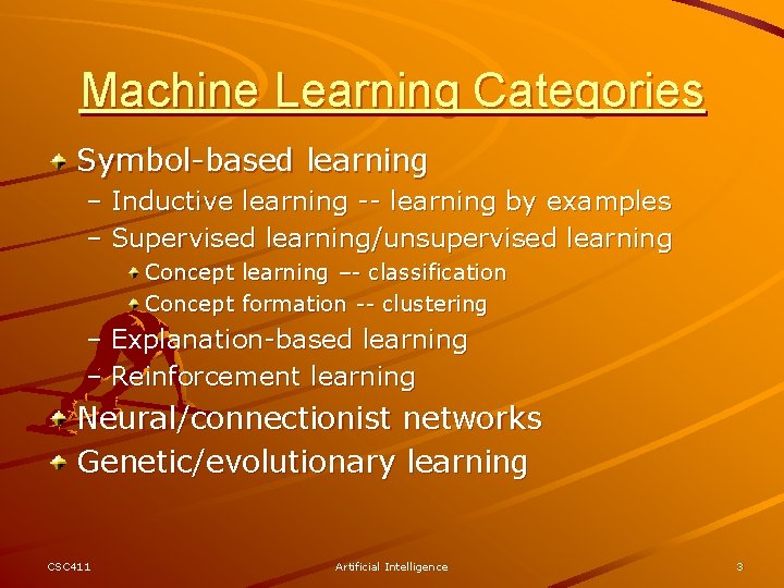 Machine Learning Categories Symbol-based learning – Inductive learning -- learning by examples – Supervised