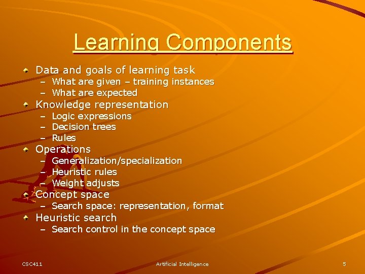 Learning Components Data and goals of learning task – What are given – training
