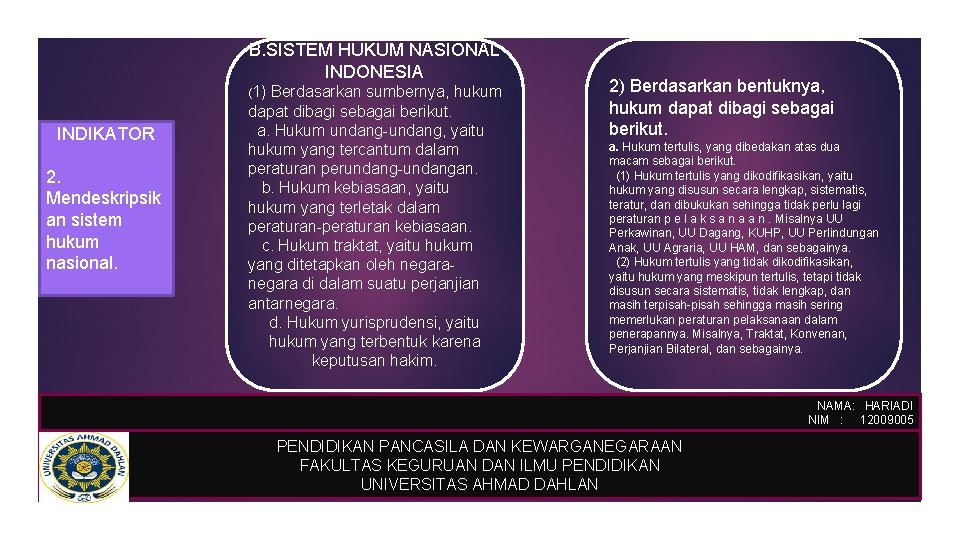 B. SISTEM HUKUM NASIONAL INDONESIA (1) Berdasarkan sumbernya, hukum INDIKATOR 2. Mendeskripsik an sistem