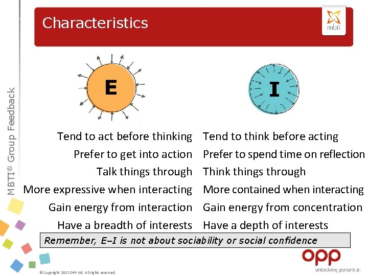 ® Group MBTI Feedback Characteristics I Tend to act before thinking Prefer to get