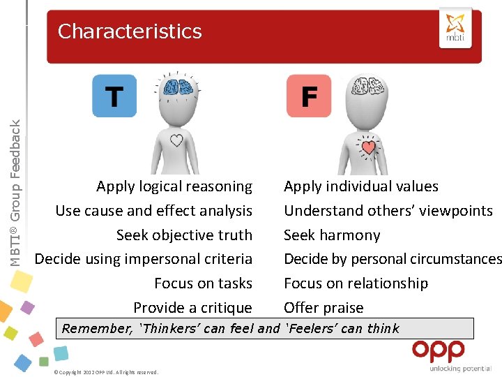 ® Group MBTI Feedback Characteristics Apply logical reasoning Use cause and effect analysis Seek