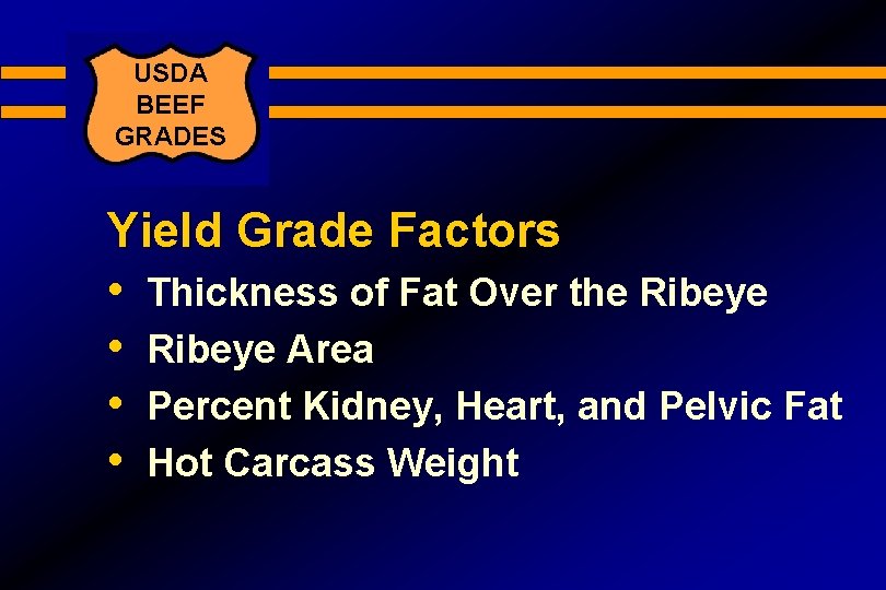 USDA BEEF GRADES Yield Grade Factors • Thickness of Fat Over the Ribeye •