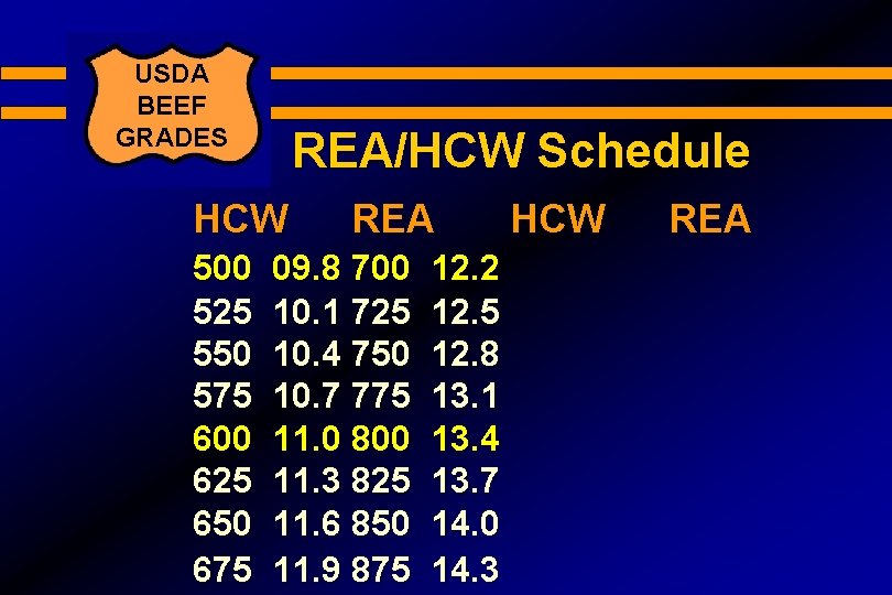 USDA BEEF GRADES REA/HCW Schedule HCW 500 525 550 575 600 625 650 675
