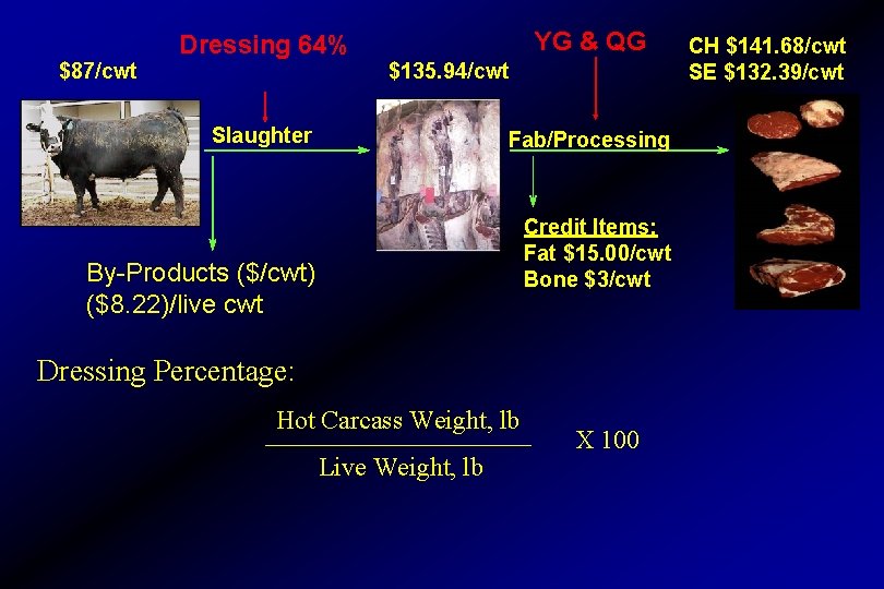 $87/cwt Dressing 64% YG & QG $135. 94/cwt Slaughter Fab/Processing Credit Items: Fat $15.