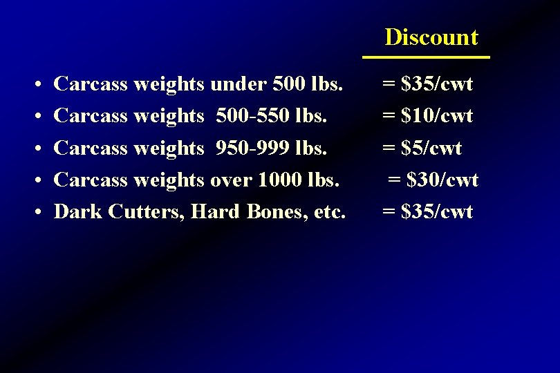 Discount • • • Carcass weights under 500 lbs. Carcass weights 500 -550 lbs.