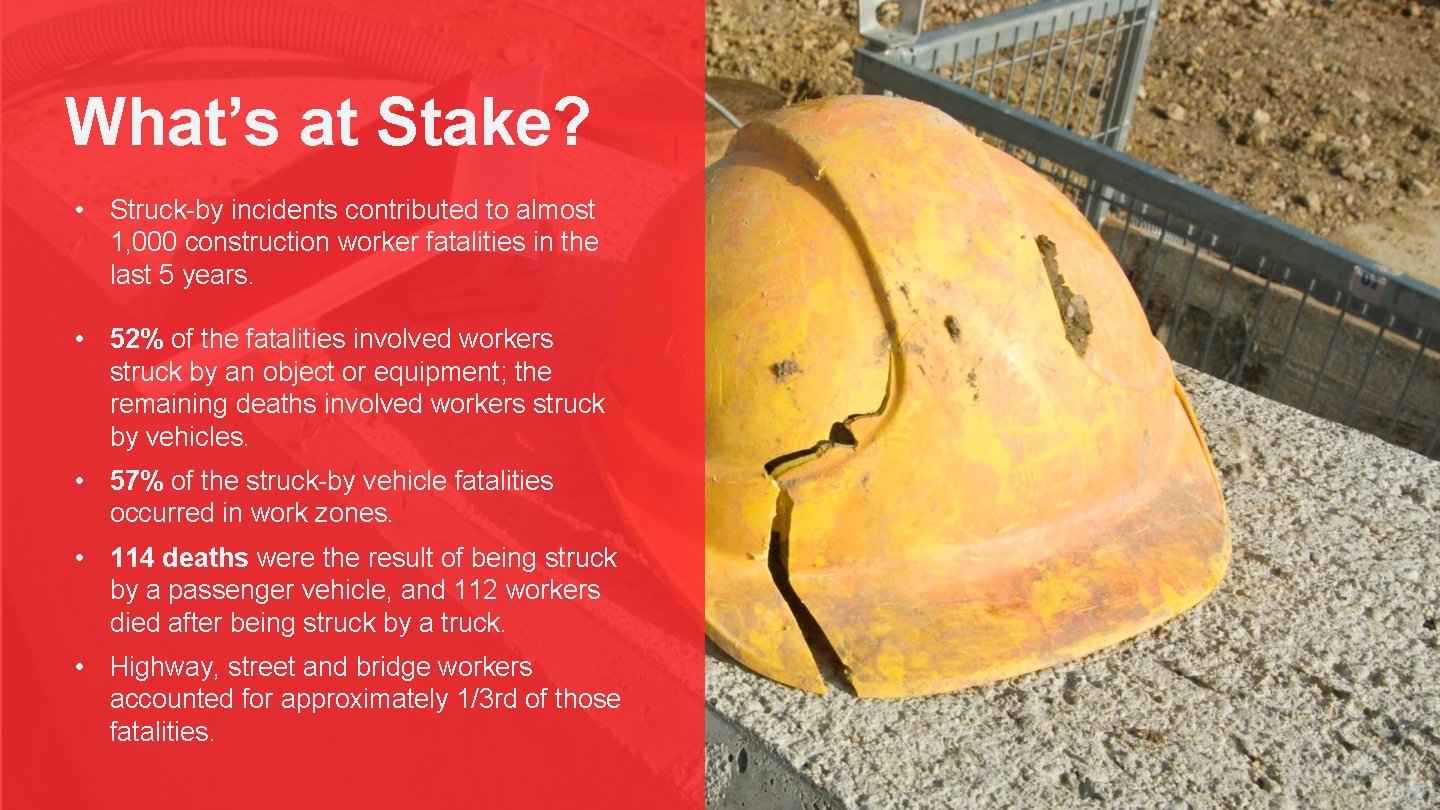 What’s at Stake? • Struck-by incidents contributed to almost 1, 000 construction worker fatalities