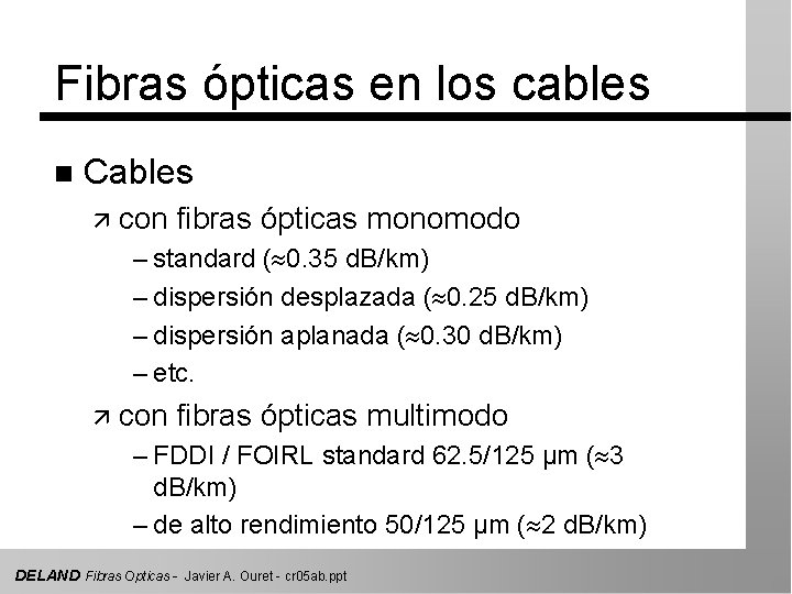 Fibras ópticas en los cables n Cables ä con fibras ópticas monomodo – standard