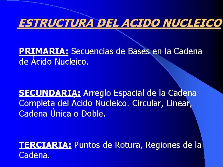 ESTRUCTURA DEL ACIDO NUCLEICO PRIMARIA: Secuencias de Bases en la Cadena de Ácido Nucleico.