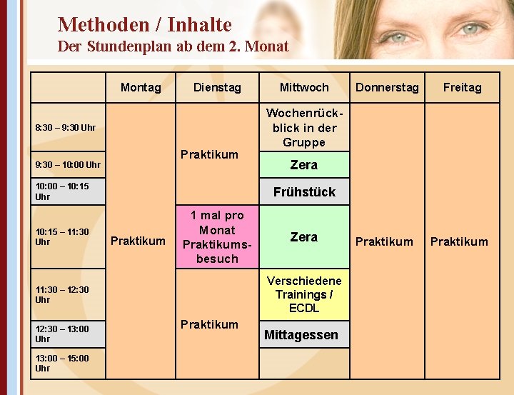 Methoden / Inhalte Der Stundenplan ab dem 2. Monat Montag Dienstag 8: 30 –