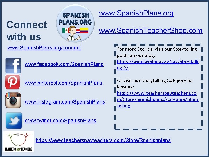 www. Spanish. Plans. org Connect with us www. Spanish. Teacher. Shop. com www. Spanish.