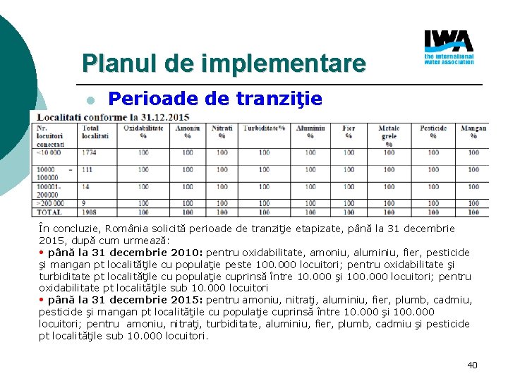 Planul de implementare l Perioade de tranziţie În concluzie, România solicită perioade de tranziţie