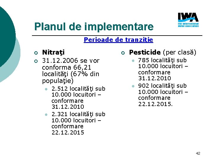 Planul de implementare Perioade de tranziţie ¡ ¡ Nitraţi 31. 12. 2006 se vor