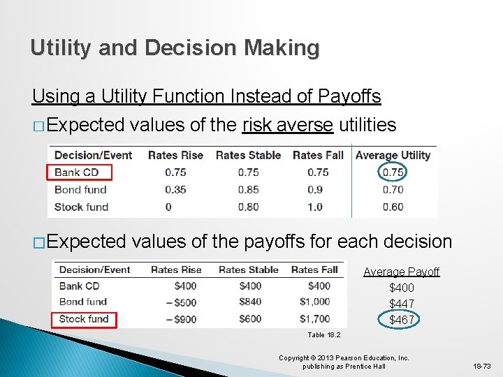 Utility and Decision Making Using a Utility Function Instead of Payoffs � Expected values