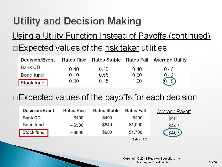 Utility and Decision Making Using a Utility Function Instead of Payoffs (continued) � Expected
