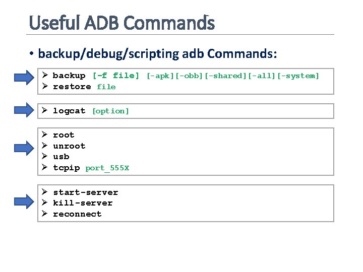 Useful ADB Commands • backup/debug/scripting adb Commands: Ø backup [-f file] [-apk][-obb][-shared][-all][-system] Ø restore