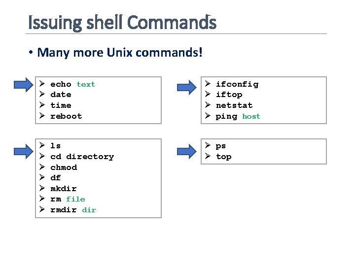 Issuing shell Commands • Many more Unix commands! Ø Ø echo text date time