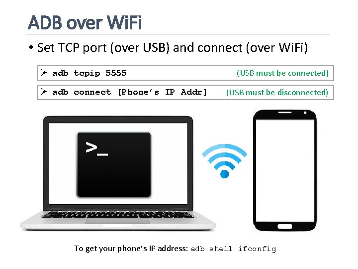 ADB over Wi. Fi • Set TCP port (over USB) and connect (over Wi.