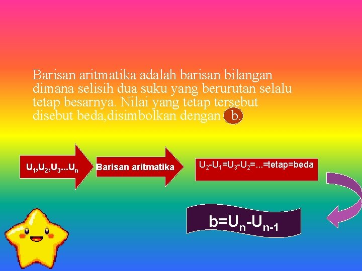 Barisan aritmatika adalah barisan bilangan dimana selisih dua suku yang berurutan selalu tetap besarnya.