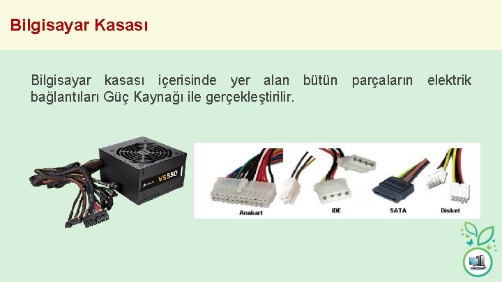 Bilgisayar Kasası Bilgisayar kasası içerisinde yer alan bütün parçaların elektrik bağlantıları Güç Kaynağı ile