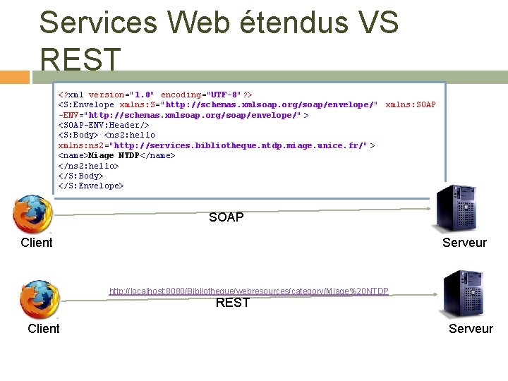 Services Web étendus VS REST <? xml version="1. 0" encoding="UTF-8"? > <S: Envelope xmlns: