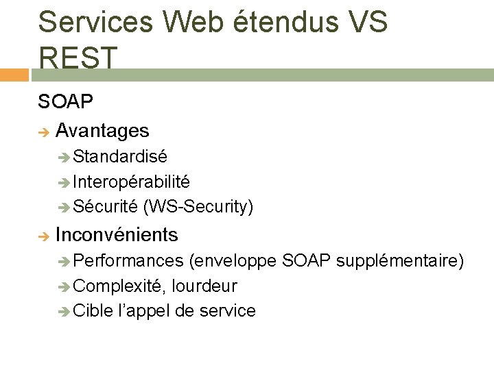 Services Web étendus VS REST SOAP Avantages Standardisé Interopérabilité Sécurité (WS-Security) Inconvénients Performances (enveloppe