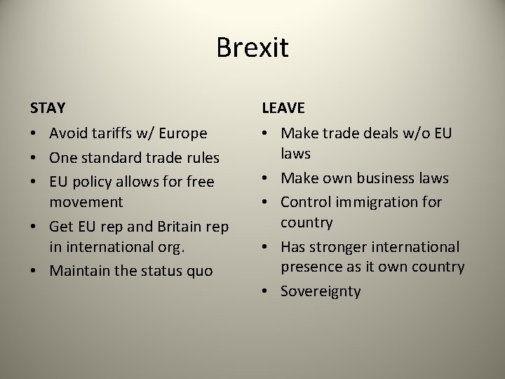 Brexit STAY LEAVE • Avoid tariffs w/ Europe • One standard trade rules •