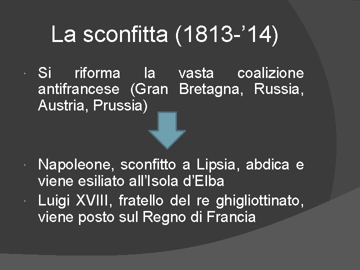 La sconfitta (1813 -’ 14) Si riforma la vasta coalizione antifrancese (Gran Bretagna, Russia,