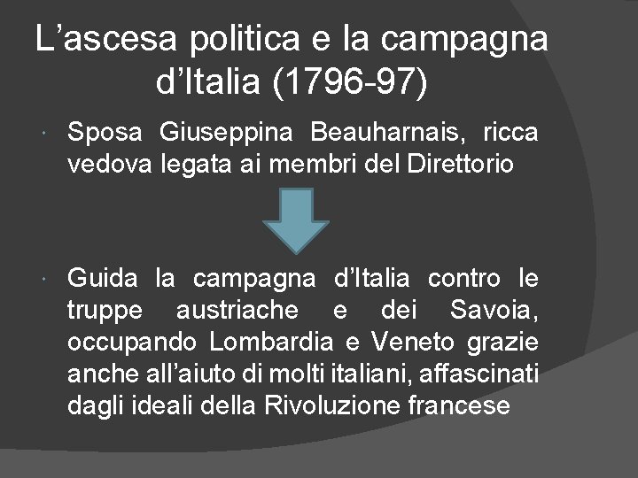 L’ascesa politica e la campagna d’Italia (1796 -97) Sposa Giuseppina Beauharnais, ricca vedova legata