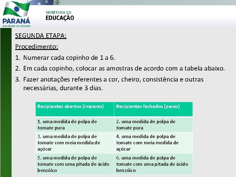 SEGUNDA ETAPA: Procedimento: 1. Numerar cada copinho de 1 a 6. 2. Em cada