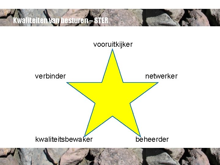 Kwaliteiten van besturen – STER vooruitkijker verbinder kwaliteitsbewaker netwerker beheerder 