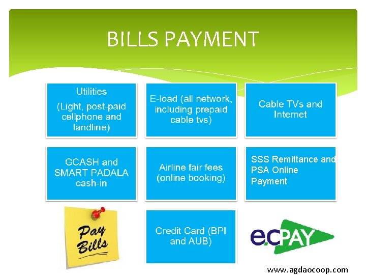 BILLS PAYMENT SSS Remittance and PSA Online Payment www. agdaocoop. com 