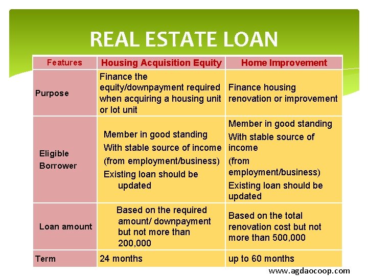 REAL ESTATE LOAN Features Purpose Eligible Borrower Loan amount Term Housing Acquisition Equity Home
