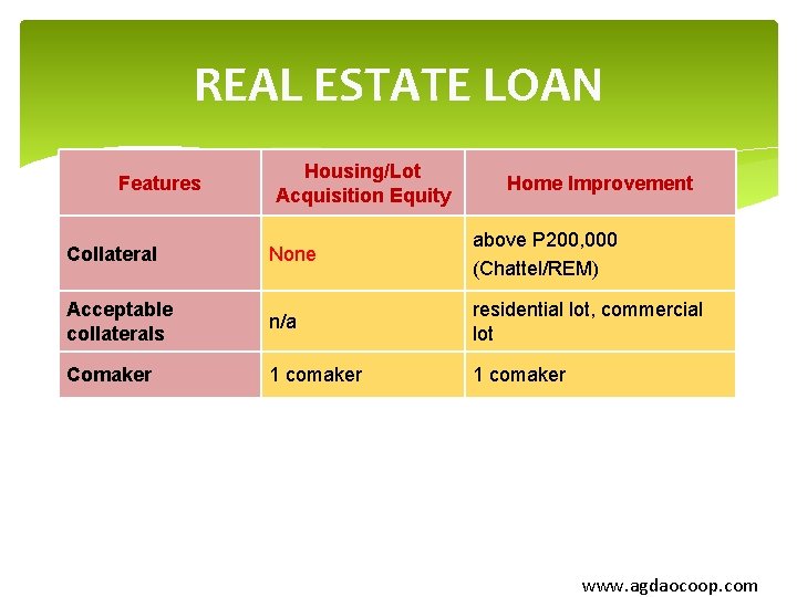 REAL ESTATE LOAN Features Housing/Lot Acquisition Equity Home Improvement Collateral None above P 200,