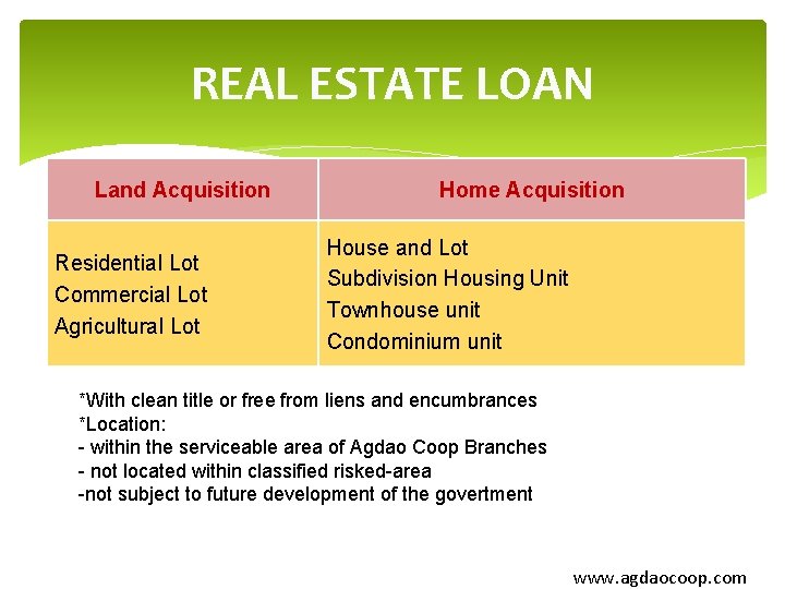 REAL ESTATE LOAN Land Acquisition Residential Lot Commercial Lot Agricultural Lot Home Acquisition House