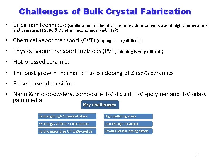 Challenges of Bulk Crystal Fabrication • Bridgman technique (sublimation of chemicals requires simultaneous use